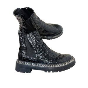 TRUFFLE COLLECTION Women’s Wide Fit Chunky Chain Ankle Boots In Black Patent 9